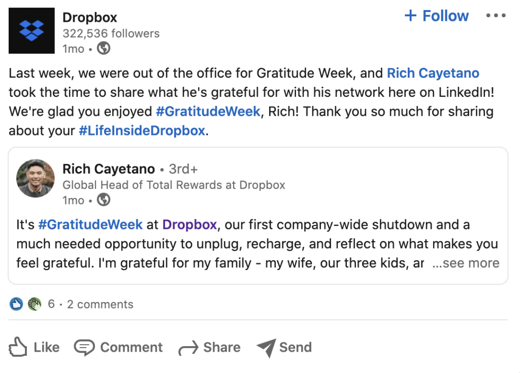 Publicação do Dropbox no LinkedIn sobre a experiência do funcionário.