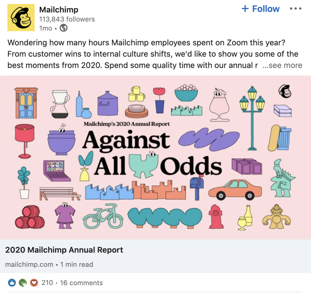 Post de exemplo de mídia social Mailchimp B2B do LinkedIn