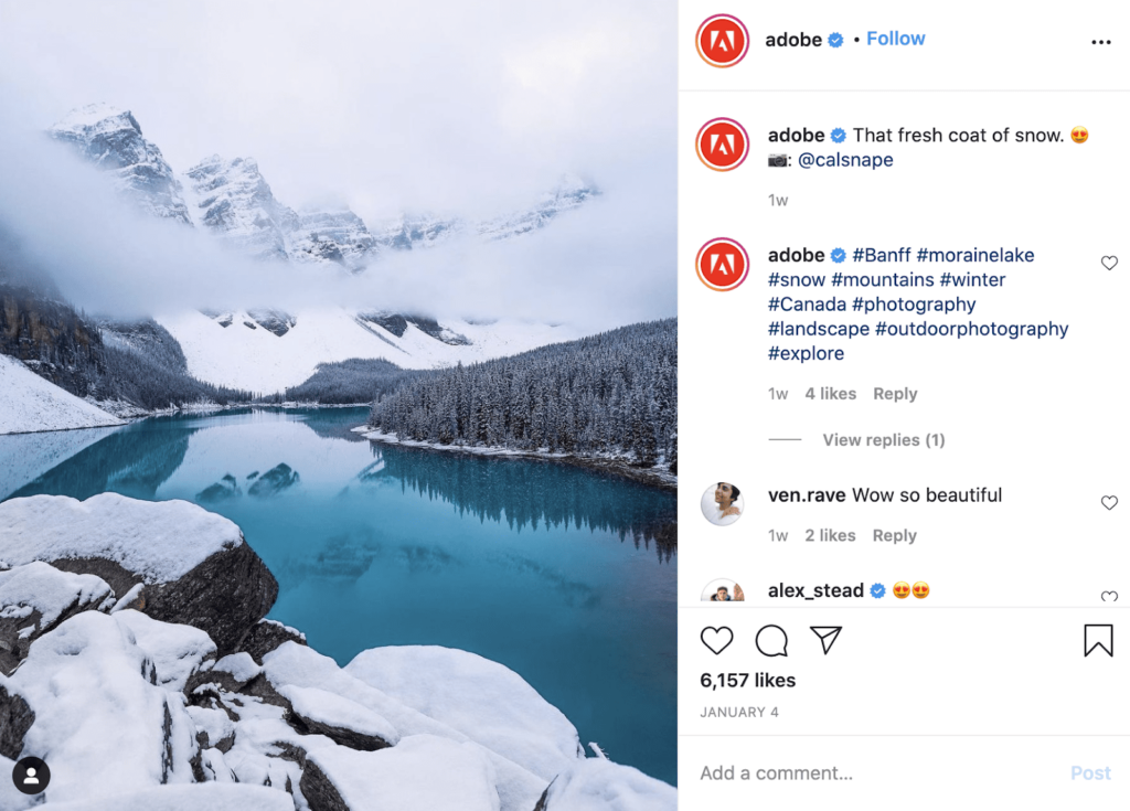 Postagem de exemplo Adobe Instagram B2B com montanha nevada e rio.