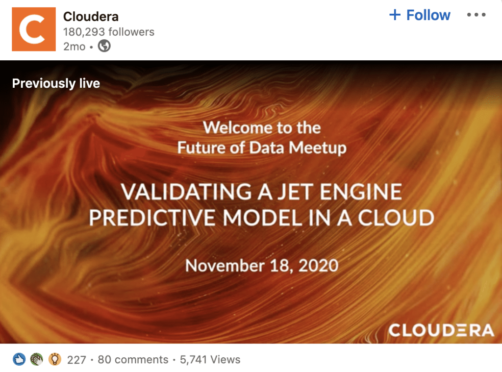 Exemplo de mídia social Cloudera LinkedIn Live.