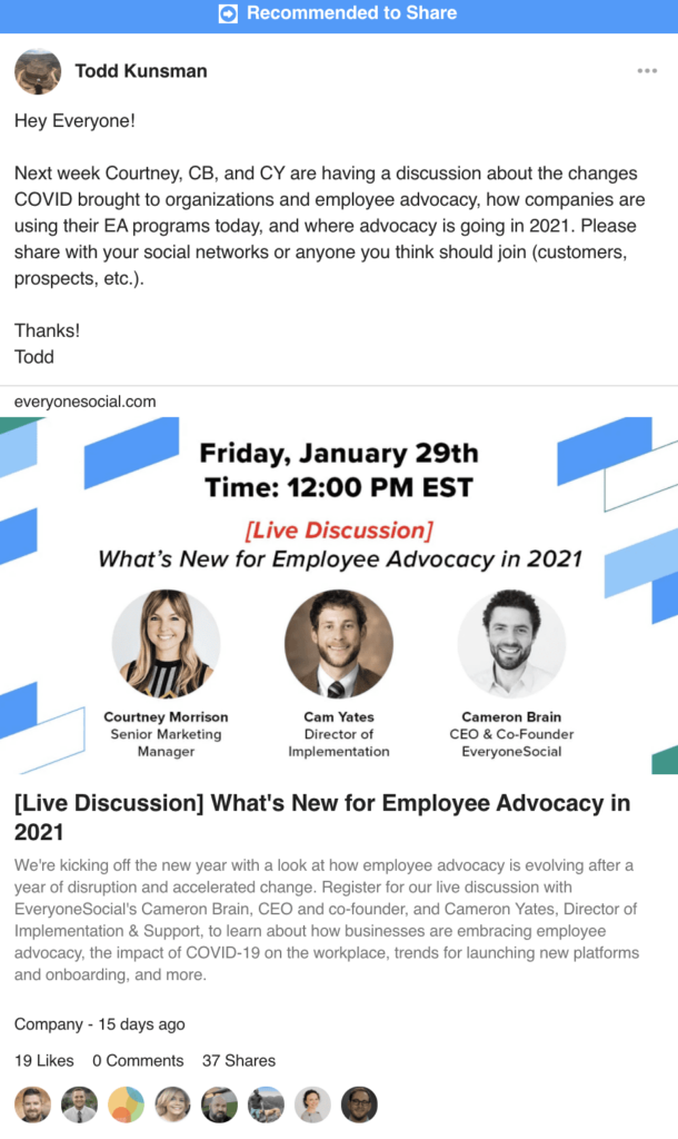 Postagem de amostra da plataforma EveryoneSocial mostrando comunicações corporativas.