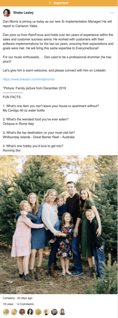 使用 EveryoneSocial 來提升員工滿意度歡迎新員工的示例。