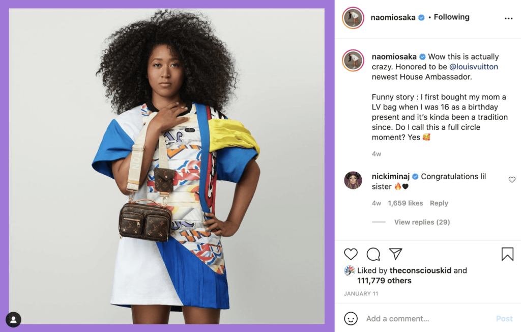 Postagem no instagram de Naomi Osaka como exemplo de influenciador de mídia social de celebridade.