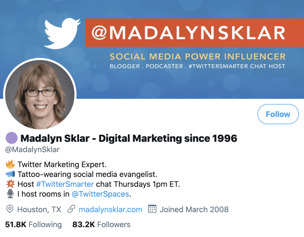 exemplo de declaração de marca pessoal do perfil do Twitter de Madalyn Sklar