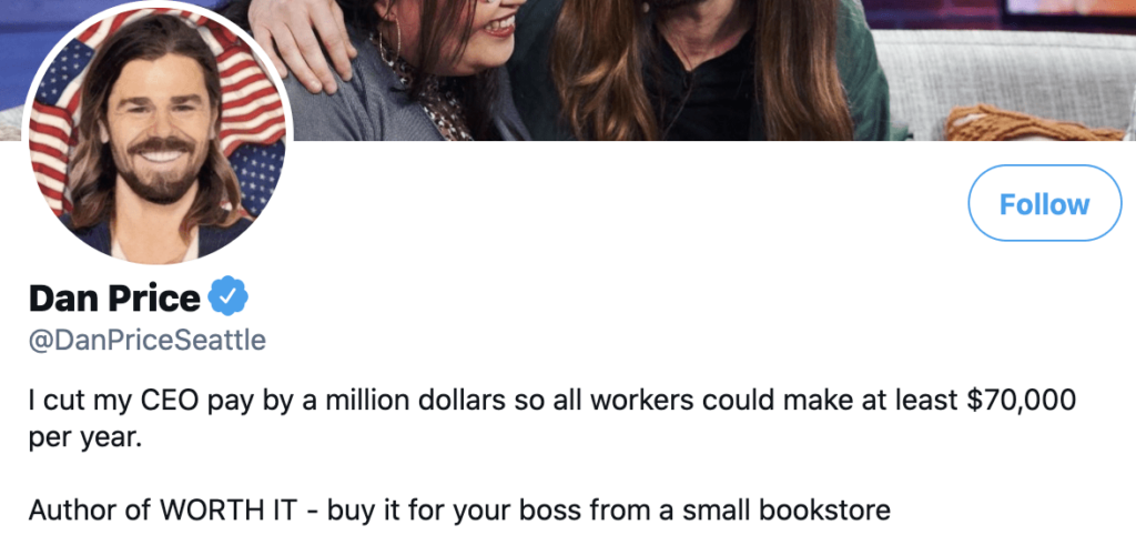 A biografia do Twitter de Dan Price como um exemplo de declaração de marca pessoal para líderes