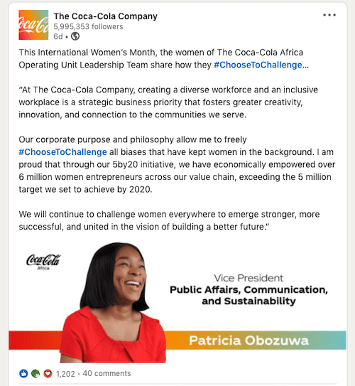 Publicación de LinkedIn de Coca-Cola.