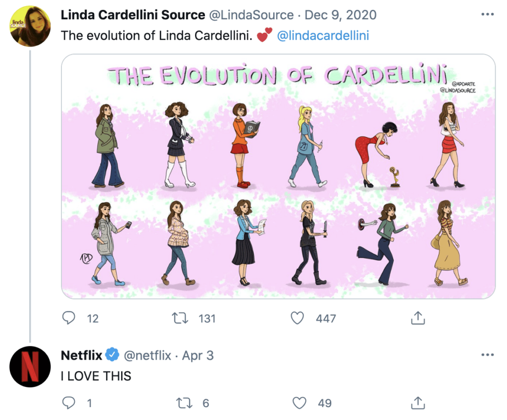 Exemplu de strategie de ascultare socială de la Netflix pe Twitter cu fan art-ul Lindei Cardellini.