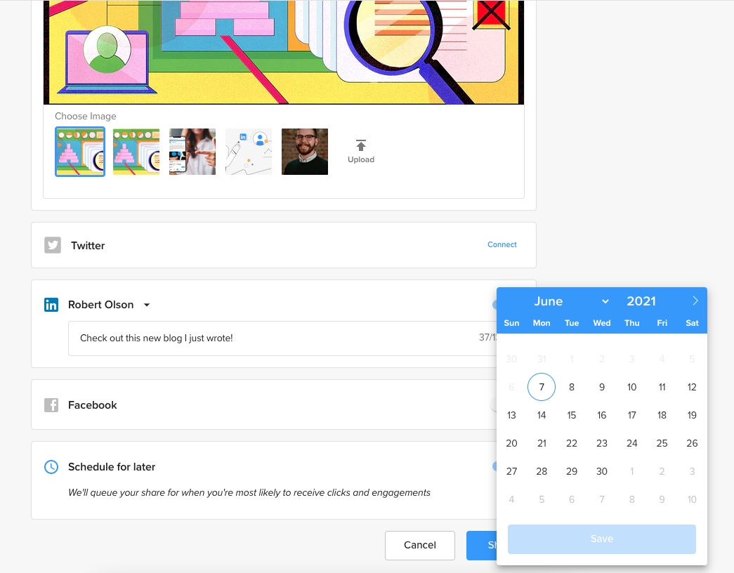 Captură de ecran a calendarului utilizat pentru selectarea unei ore de postare programată.