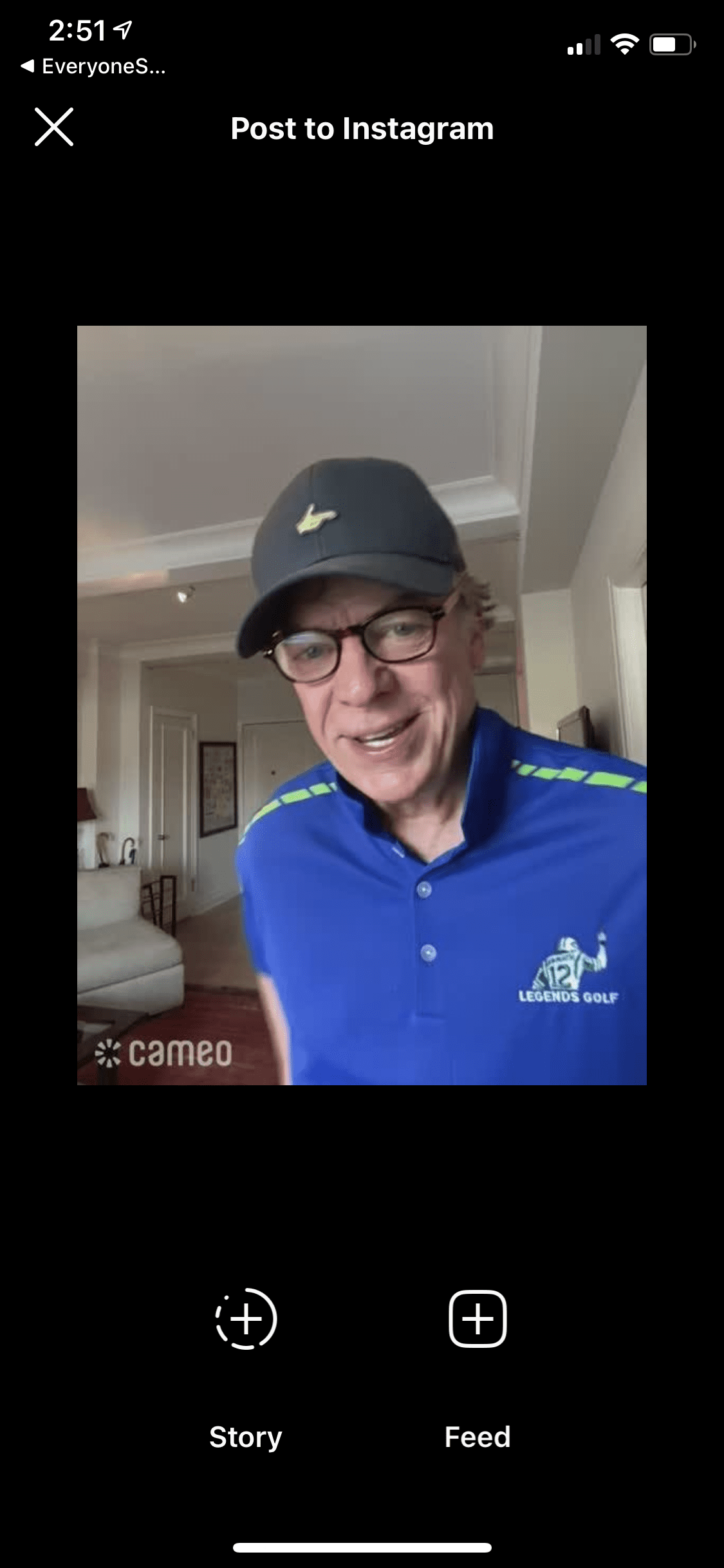 Zrzut ekranu z ekranu wyboru postów „Historia” lub „Feed” na Instagramie