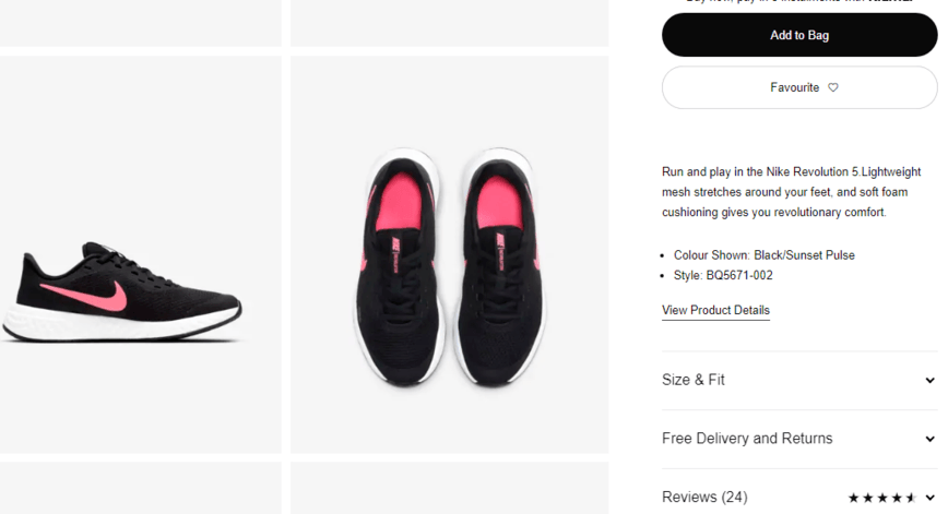 Página do produto Nike com imagens e descrições