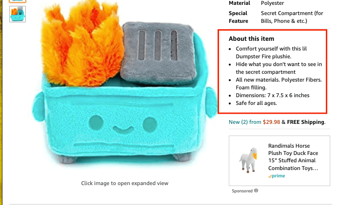 وصف الإنتاج على موقع أمازون لحريق قمامة فخم