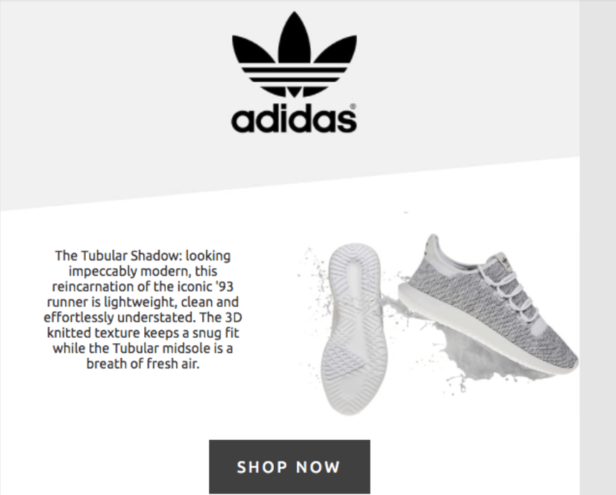 Alışveriş yapanları "şimdi alışveriş yapmaya" davet eden bir CTA içeren Adidas e-postası