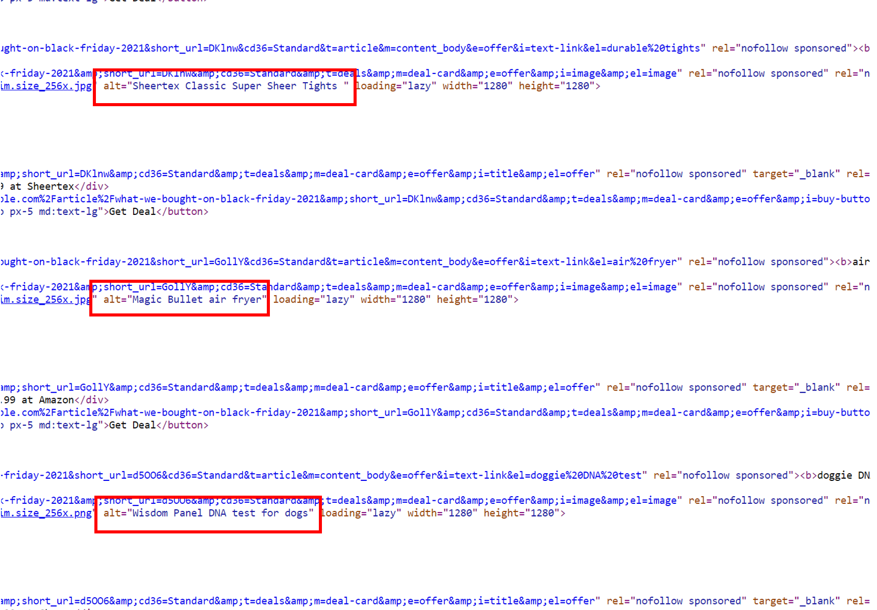 Mashable 웹사이트 코드의 대체 텍스트 스크린샷