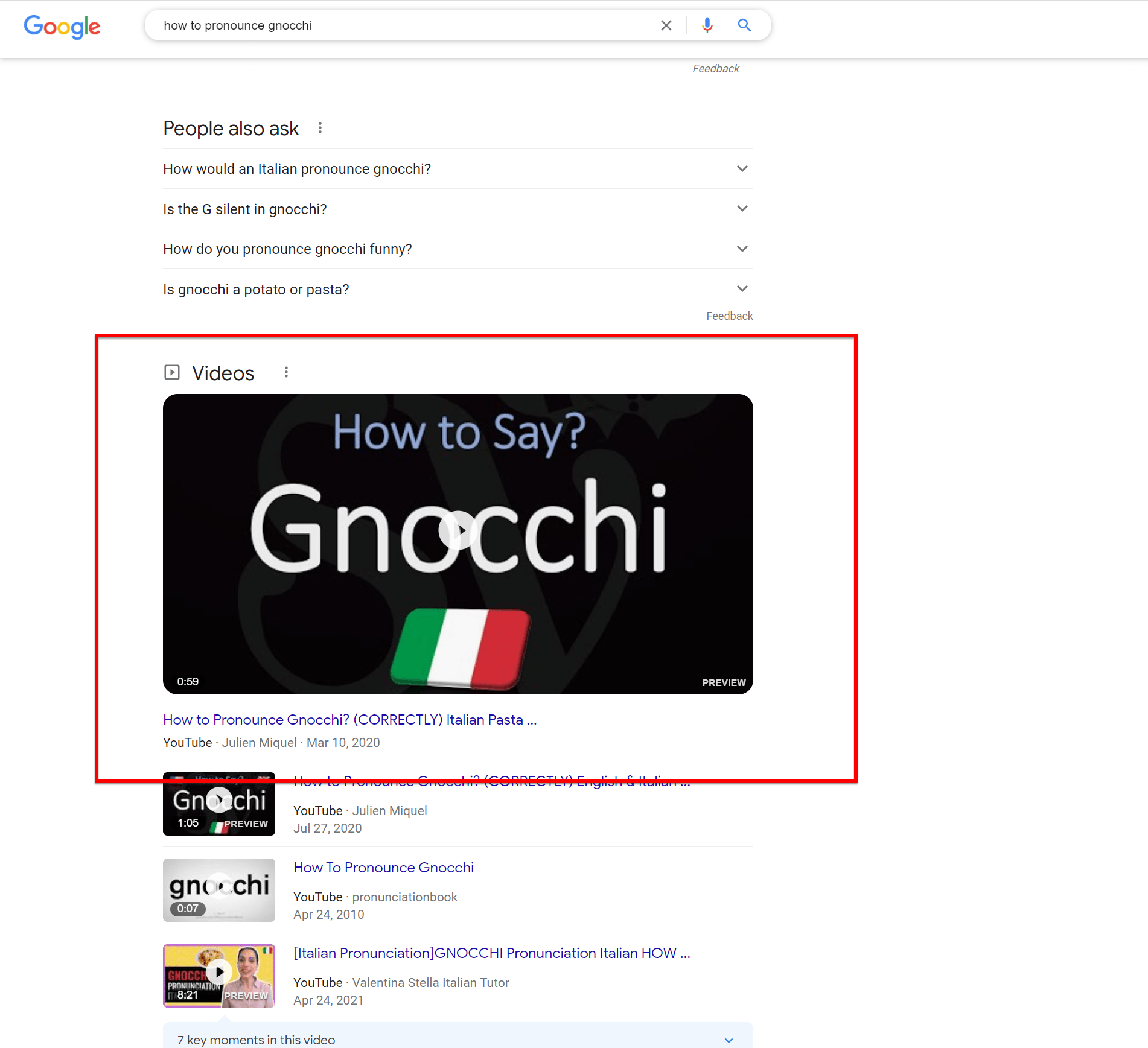 Frammento di video di YouTube in primo piano su Google