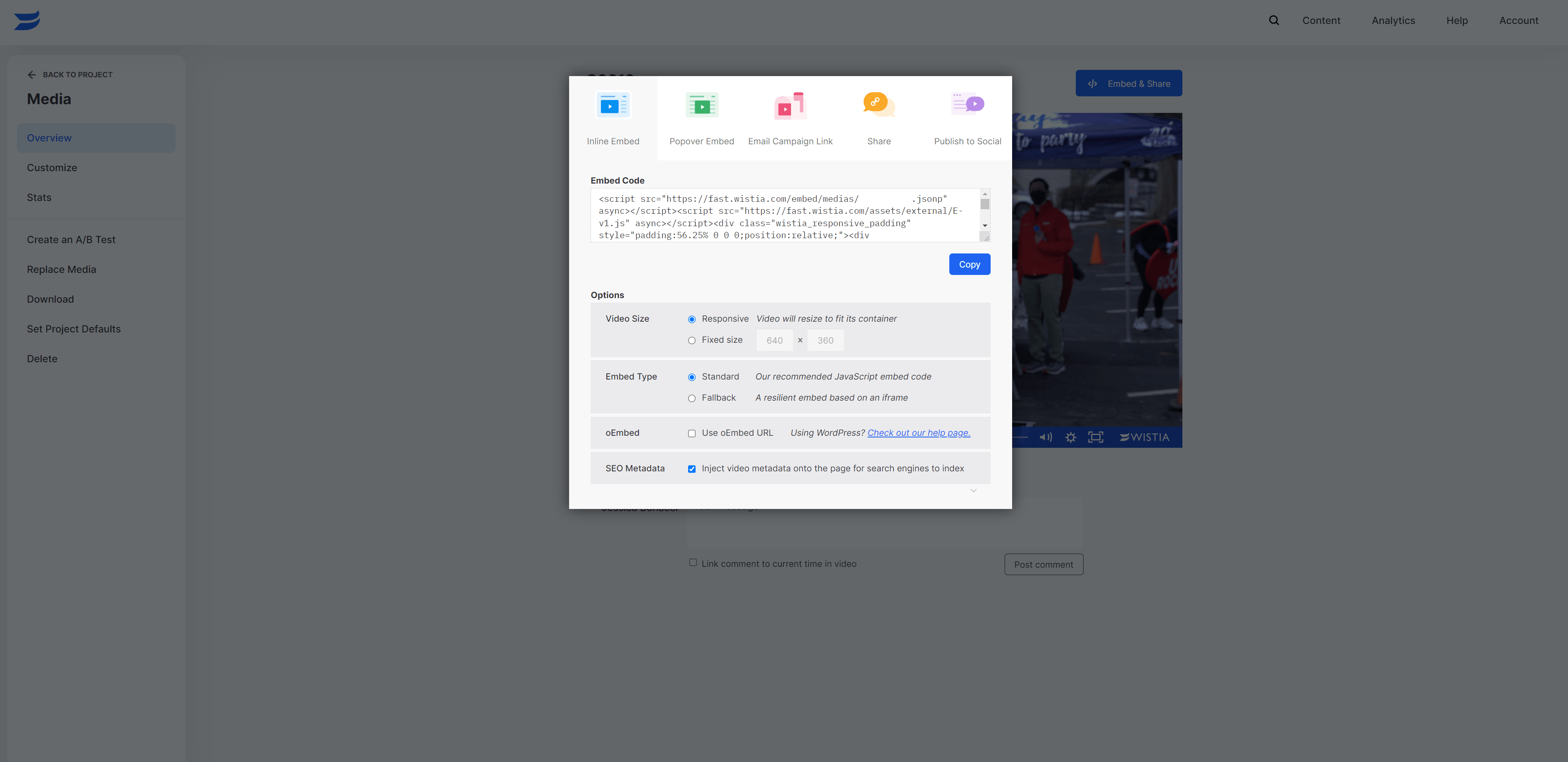 Il widget di incorporamento Wistia
