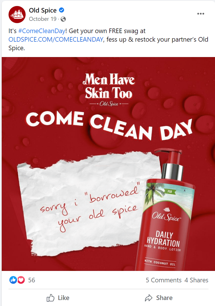 โพสต์บน Facebook ของ Old Spice ที่พูดถึง Come Clean Day