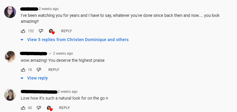 تعليقات على YouTube من صفحة مدوّنة مكياج على YouTube تشيد بعملها