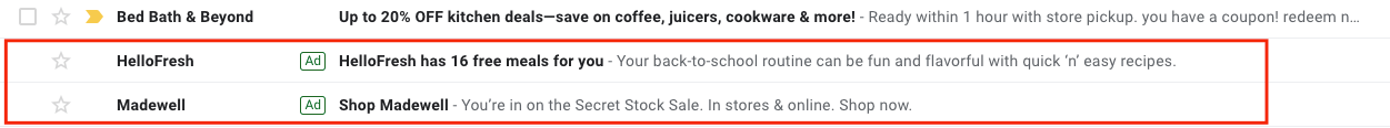 โฆษณา Gmail สำหรับ Hello Fresh และ Madewell