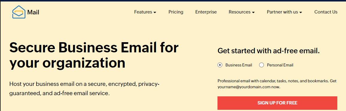 الصفحة الرئيسية لخدمة البريد الإلكتروني في Zoho