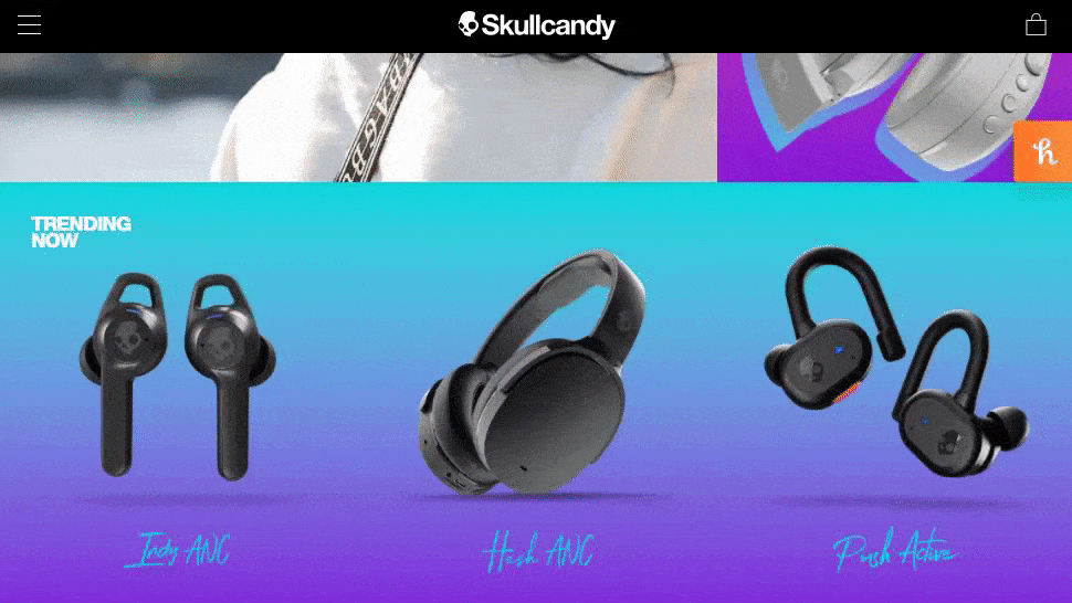 画像の変更にカーソルを合わせる機能を備えたSkullcandyのWebサイト