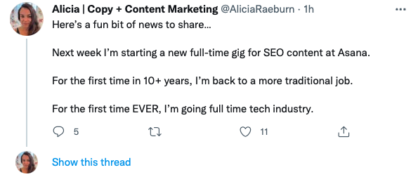 contenido generado por el empleado como un tweet de un nuevo empleado en asana
