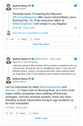 Intercambio de tuits entre el nuevo empleado y el líder de la empresa en Morning Brew
