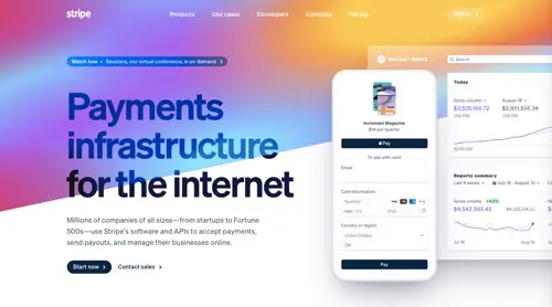 Pagina iniziale di Stripe Home page of Stripe
