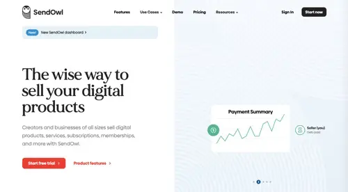 Halaman beranda SendOwl Home page of SendOwl