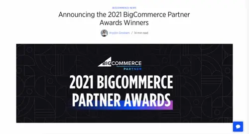 BigCommerce 블로그, Partner Awards 수상자 페이지 스크린샷. Screenshot of BigCommerce Blog, Partner Awards Winners page.