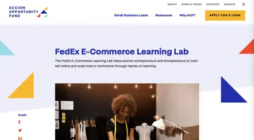 Accion Opportunity Fund 사이트의 FedEx E-Commerce Learning Lab 페이지 스크린샷 Screenshot of FedEx E-Commerce Learning Lab page from Accion Opportunity Fund site