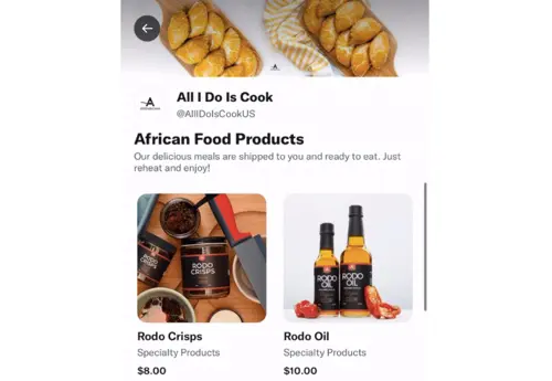Twitter Shops 인터페이스의 스크린샷. Screenshot of Twitter Shops interface.