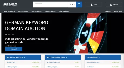 Capture d'écran de la page d'accueil de Sedo. Screenshot of Sedo home page.