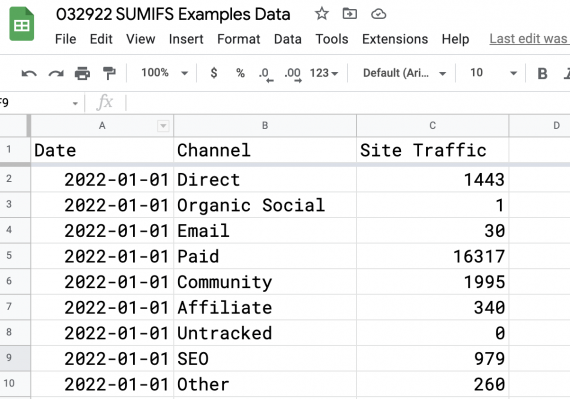 Capture d'écran de Google Sheet avec des exemples SUMIF Screenshot of Google Sheet with SUMIFs examples