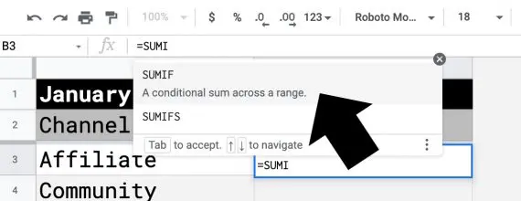 Capture d'écran de Google Sheets montrant SUMIF en cours de saisie Screenshot of Google Sheets showing SUMIF being typed