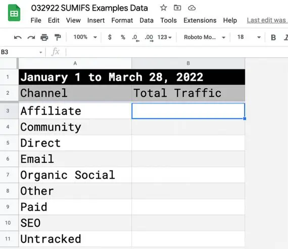 Capture d'écran de l'exemple SUMIF de Google Sheets avec deux colonnes Screenshot of Google Sheets SUMIFs example with two columns