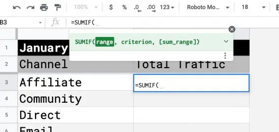 Capture d'écran de Google Sheet avec la fonction SUMIF suggérée. Screenshot of Google Sheet with the suggested SUMIF function.