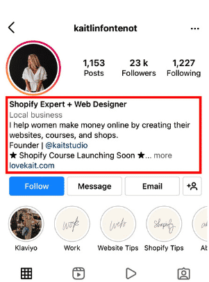 Przykład biografii na Instagramie