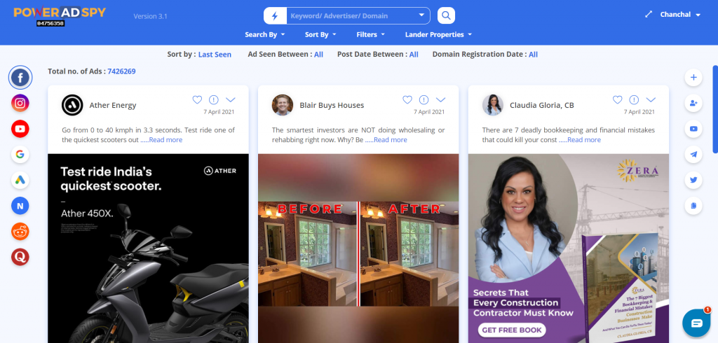 PowerAdSpy dashboard