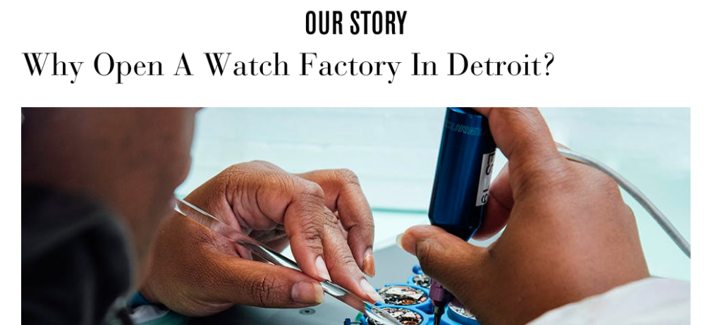 Site-ul lui Shinola subliniază povestea din spatele mărcii lor