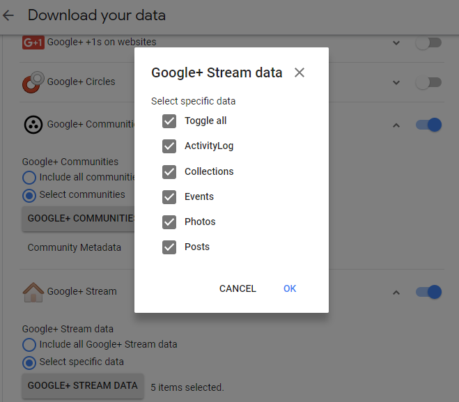 GooglePlusストリームデータを保存するためのオプション