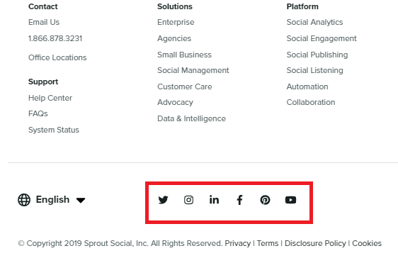 Sprout ana sayfasındaki sosyal medya simgeleri
