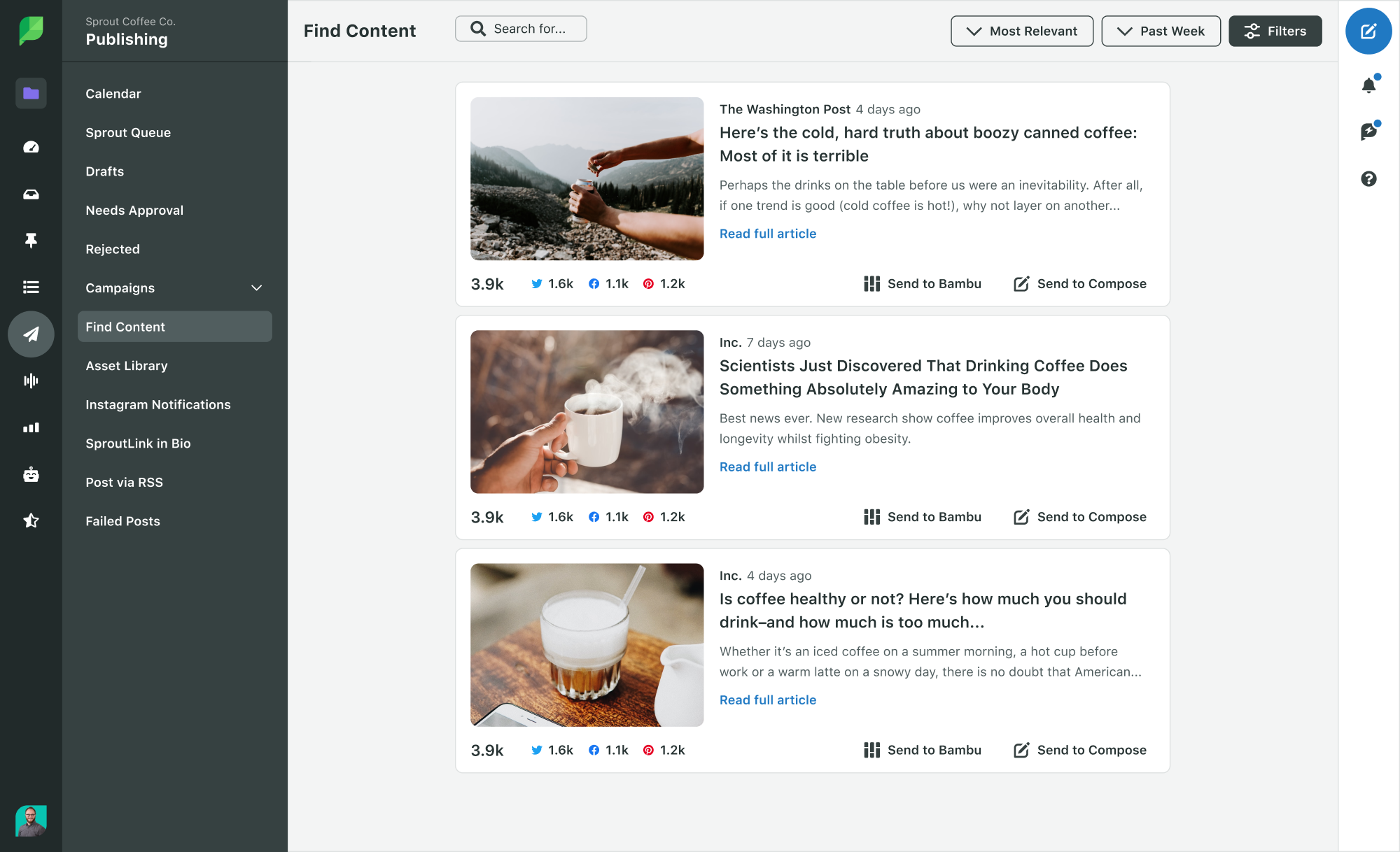Con la función Buscar contenido de Sprout Social, puede encontrar contenido similar dentro de su industria o interés.