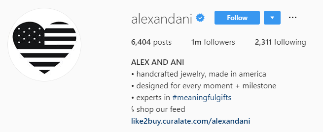 تم تحسين السيرة الذاتية لـ Alex و Ani's Instagram للبيع على Instagram باستخدام CTA