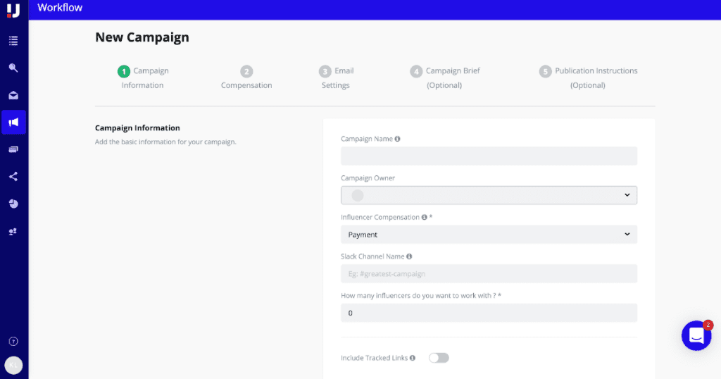 upfluence adicionar detalhes da campanha