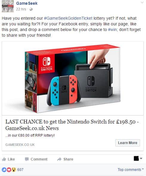 Página do GameSeek no Facebook - aumente o engajamento nas mídias sociais