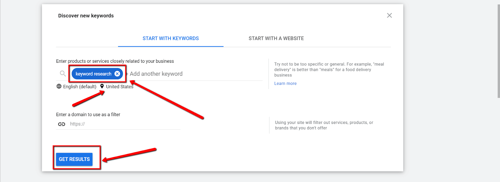 Pesquisa de palavras-chave do Planejador de palavras-chave do Google para pequenas empresas