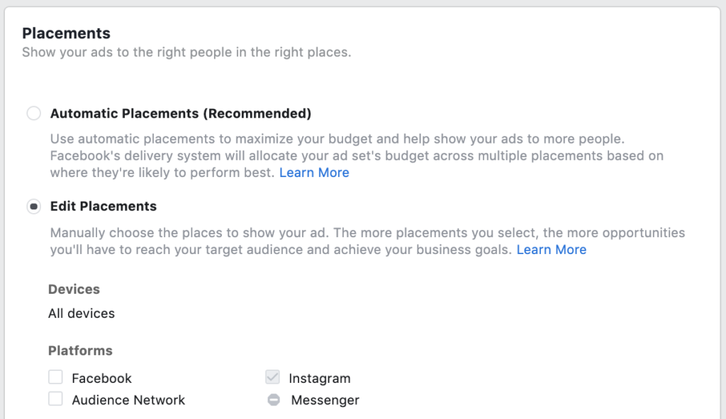 iklan instagram - pilih penempatan iklan Anda