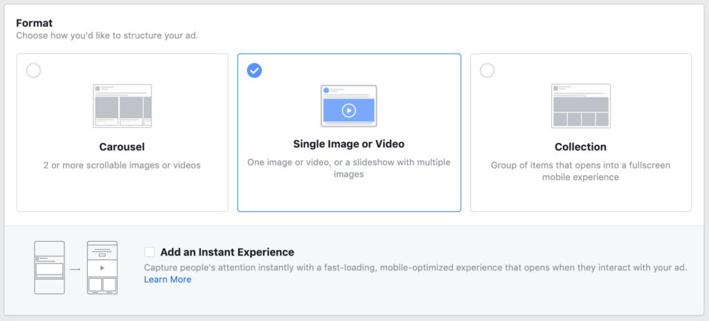 iklan instagram - pilih format iklan Anda