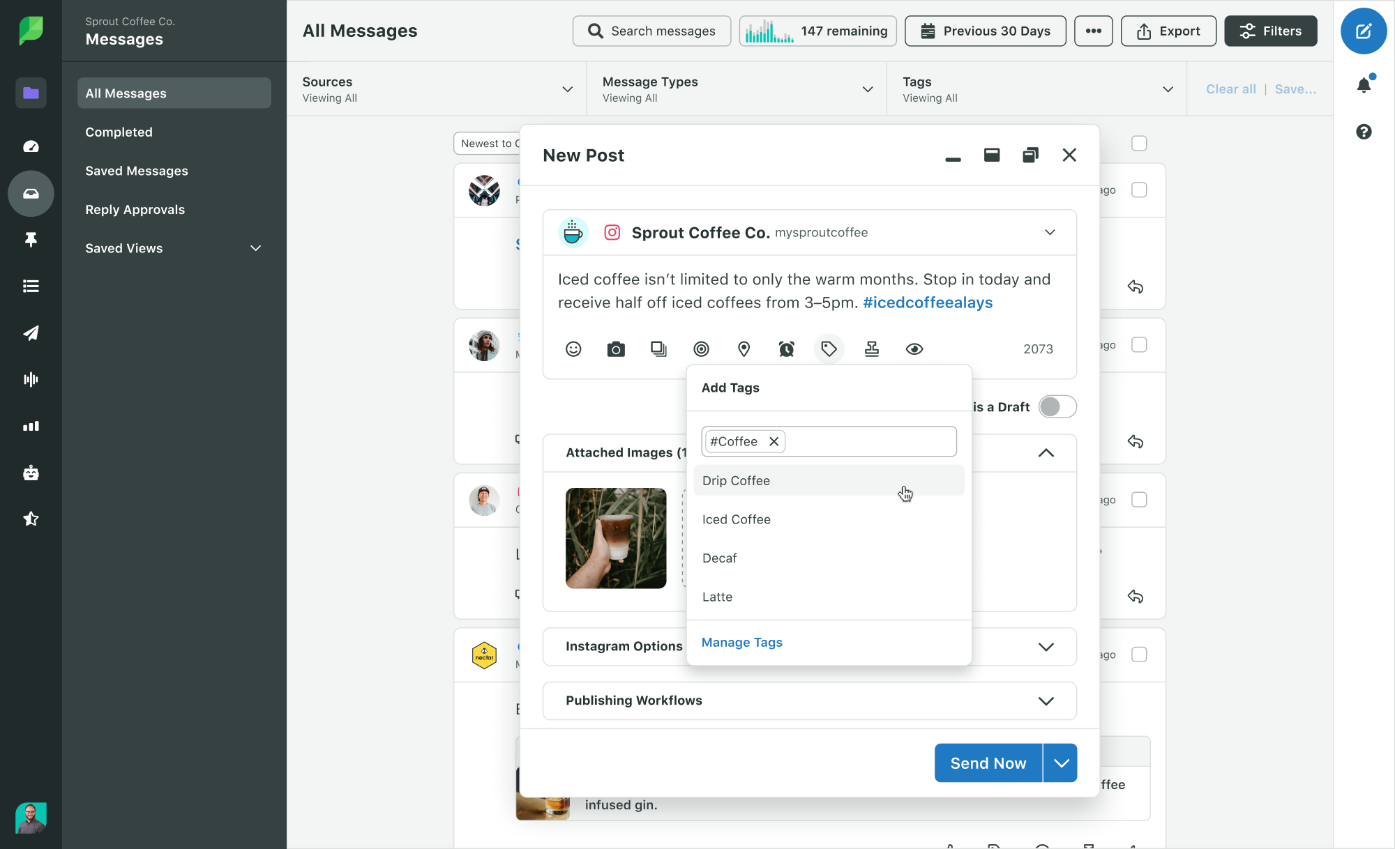 Sprout Social Smart Inbox buat postingan dengan tag