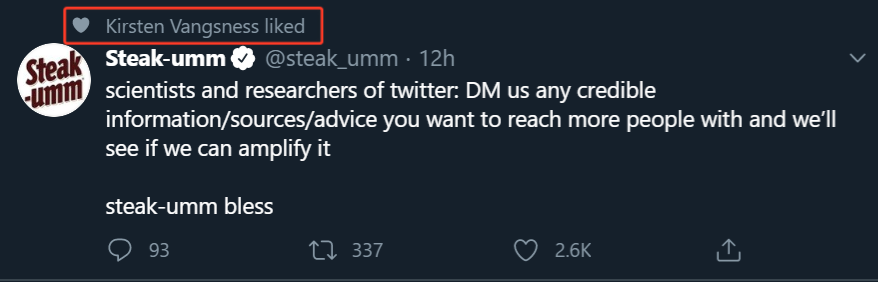 مثال على تغريدة أعجبت بها تظهر في موجز مستخدم آخر.